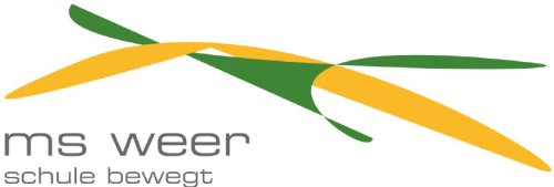 Logo der Mittelschule Volders. Eine stilisiertes Blütenmotiv in abgstuften Rot-, Orange,- Gelb-, Grün- und Türkistönen auf weißem Hintergrund. Daneben ist die Schrift 